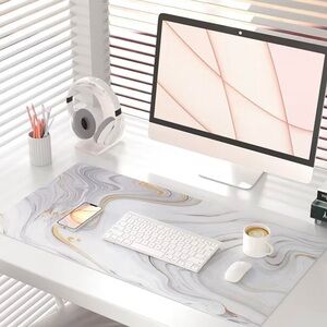 31.5" x 15.7" Office Desk Mat with Elegant Gold and White Swirls